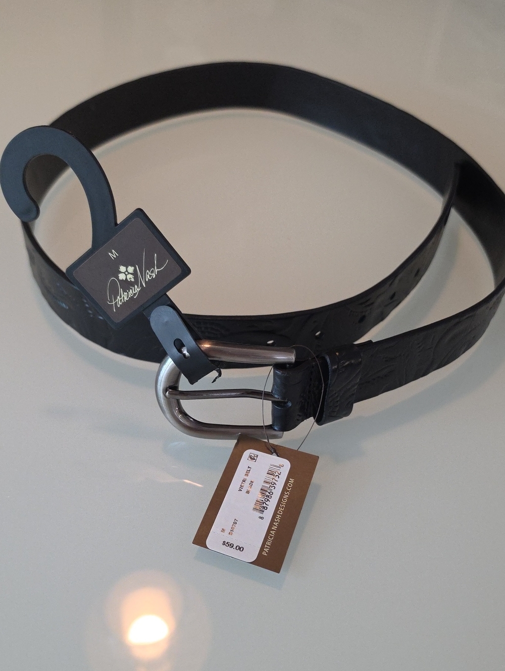 Patricia Nash Black Embossed Leather Belt with Brass Buckle